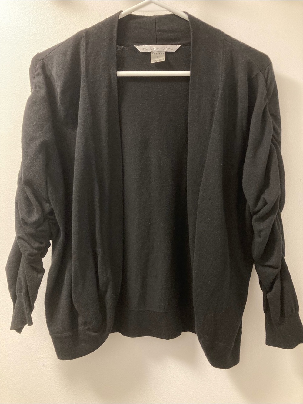 Peter Nygard Petites Black Ruched Sleeve Open Cardigan - Size Large Petite (LP)